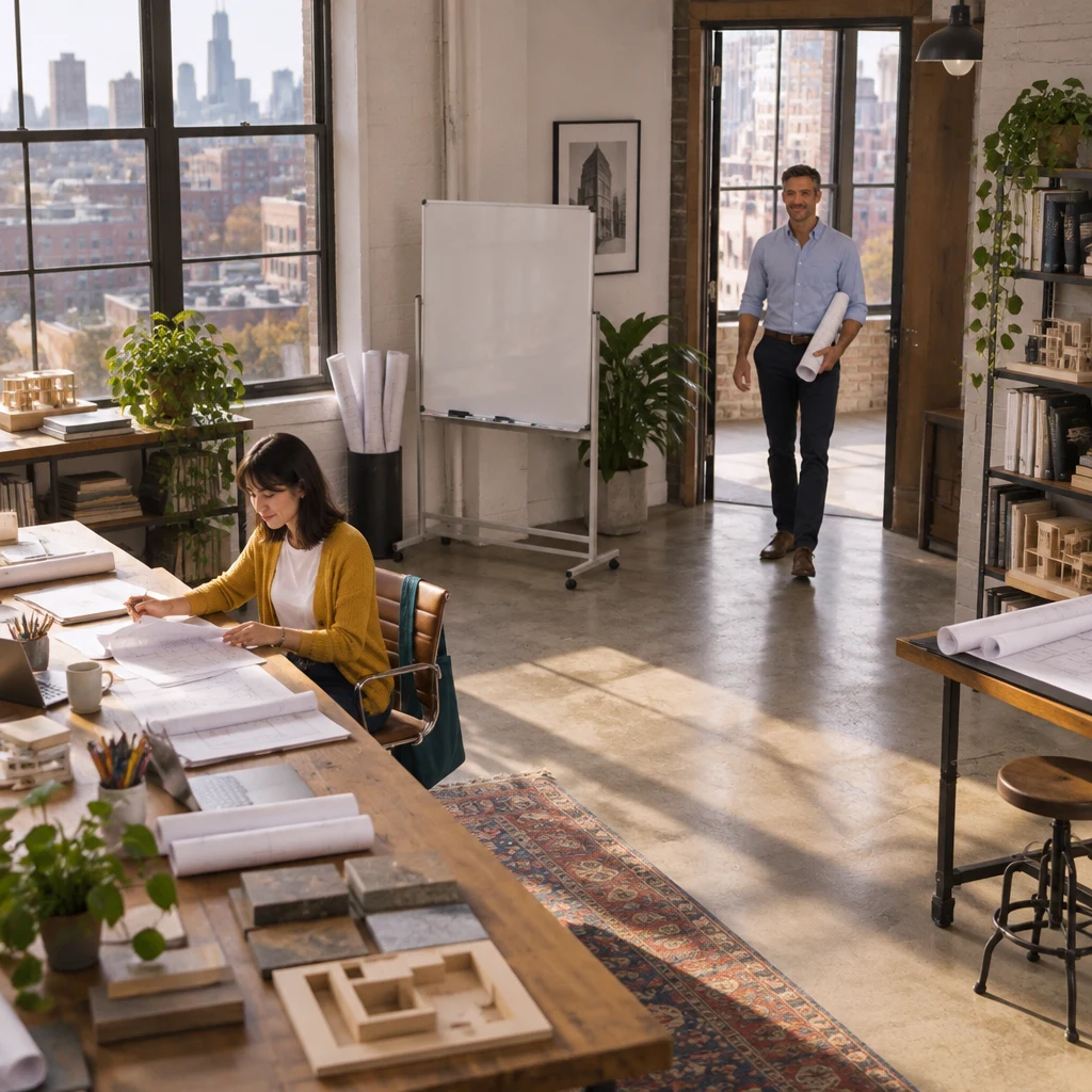 Ana works at the long desk as Marcus approaches carrying rolled drawings.