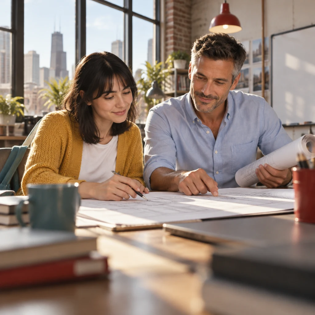 Ana and Marcus begin tackling the plan together with their attention on the drawings.