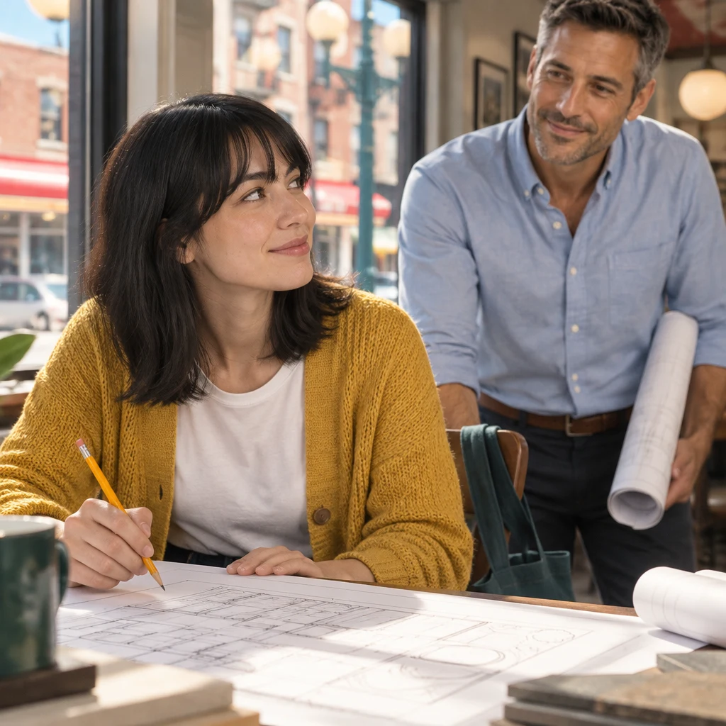 Ana pauses over one part of the drawing and turns to Marcus to check what is unclear.