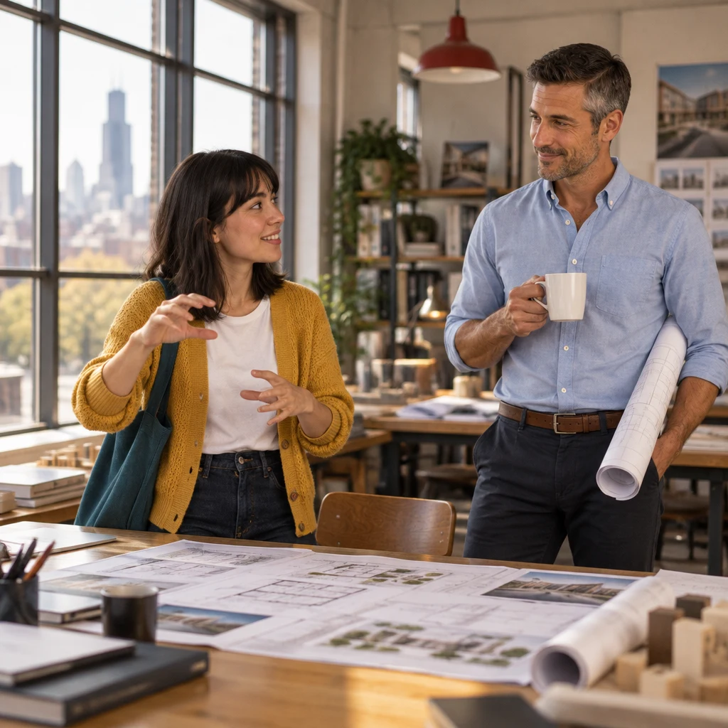 Ana gestures for another way to explain the plan while Marcus listens with his coffee.