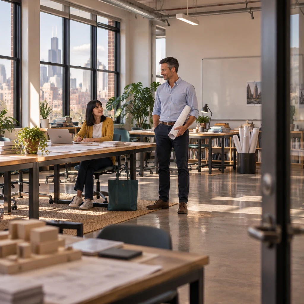 Ana waits at the studio desk with her tote while Marcus stands nearby with rolled drawings.