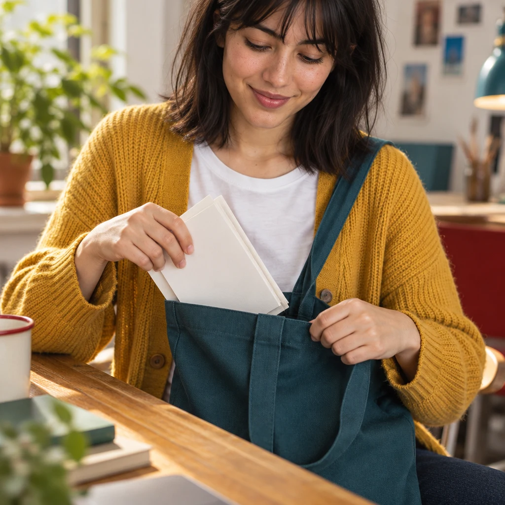 Ana finds the notes she had been looking for in her teal tote.