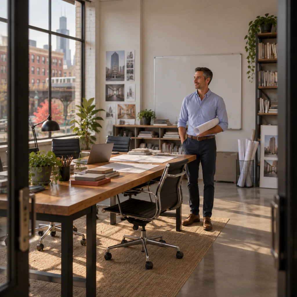 Marcus stands beside the long desk with rolled drawings under one arm and a blank whiteboard behind him.