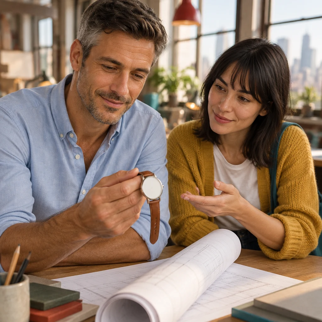 Marcus lifts his blank-faced wristwatch while Ana indicates a possible time.