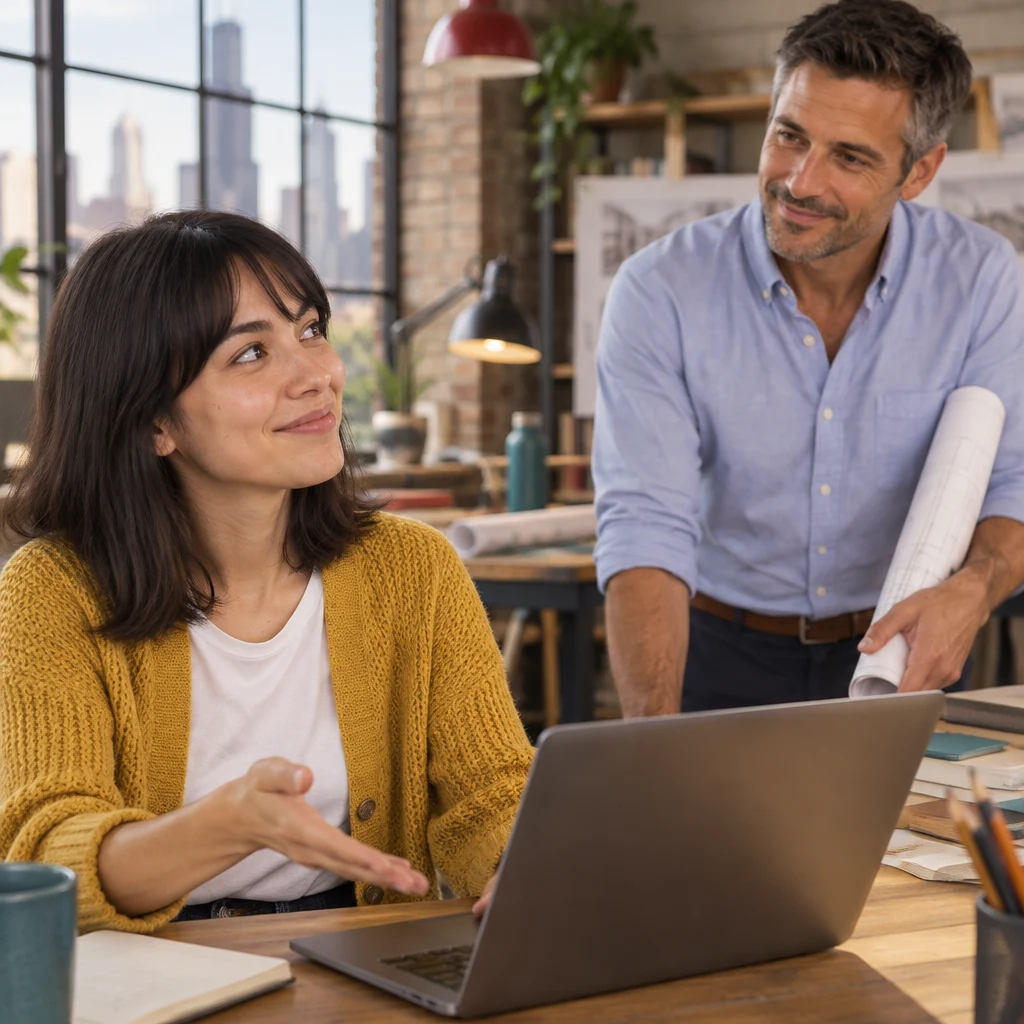Ana turns toward Marcus beside the laptop as she offers to share a short list of meeting topics.