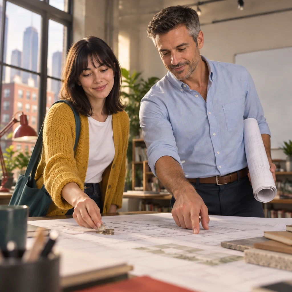 Ana places a few coins beside the drawings as Marcus indicates another open area on the plans.
