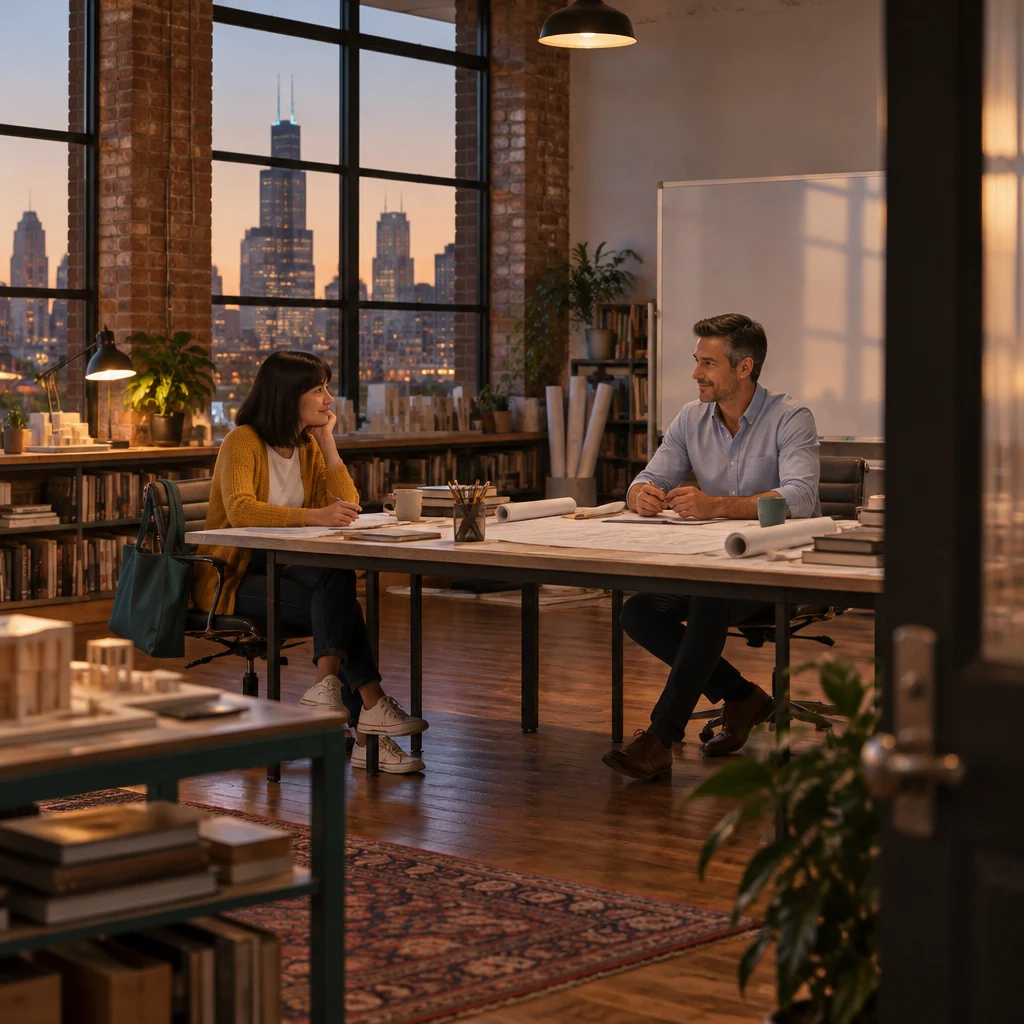 Ana and Marcus sit at the long desk with the library drawings as the meeting stretches on.