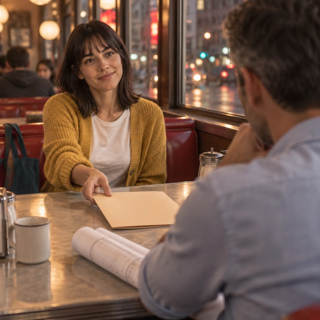 Ana slides an unmarked folder toward Marcus to bring up the money topic.