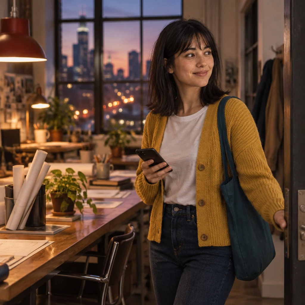 Ana checks her phone for the next train and turns toward the studio exit.