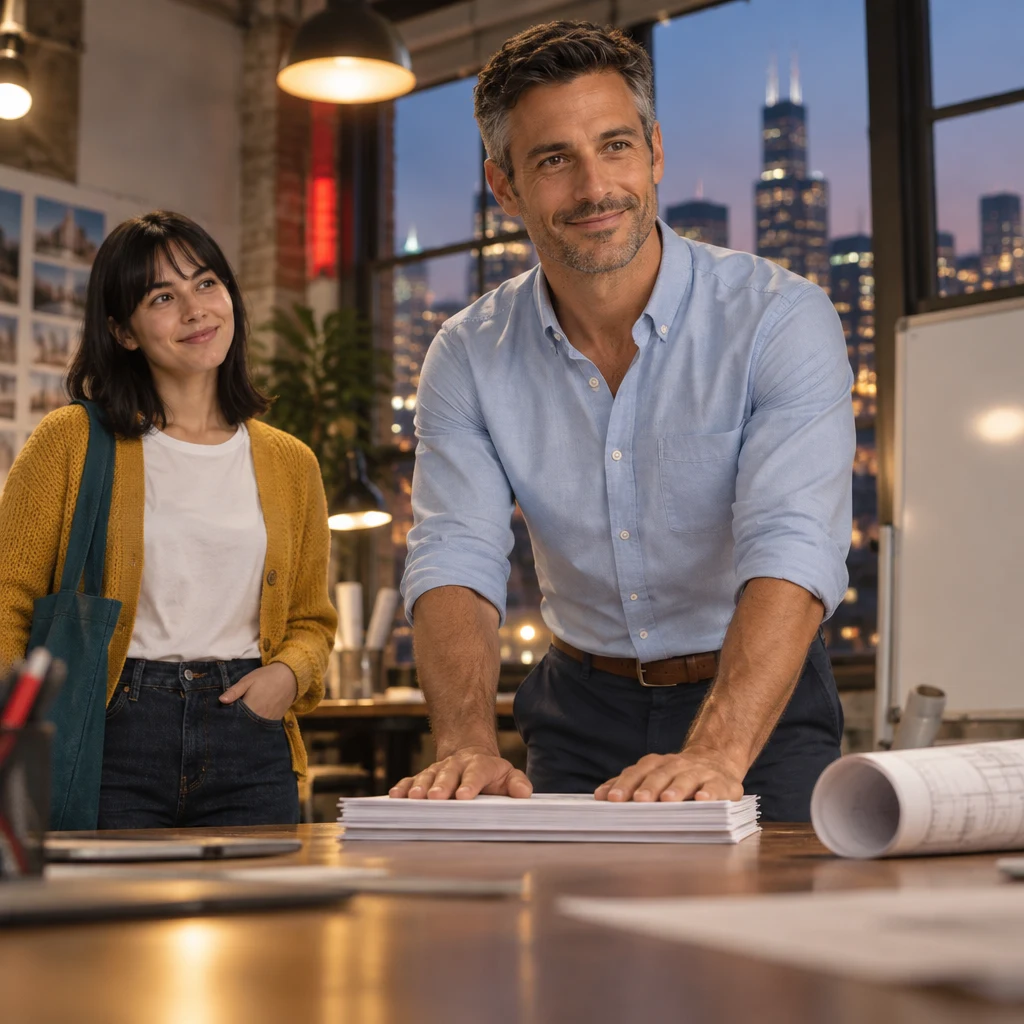 Marcus indicates that the meeting is nearly finished while Ana remains at the desk.