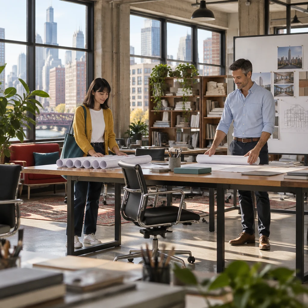 Ana stands at the long desk of rolled drawings while Marcus sets down plans beneath the blank whiteboard.