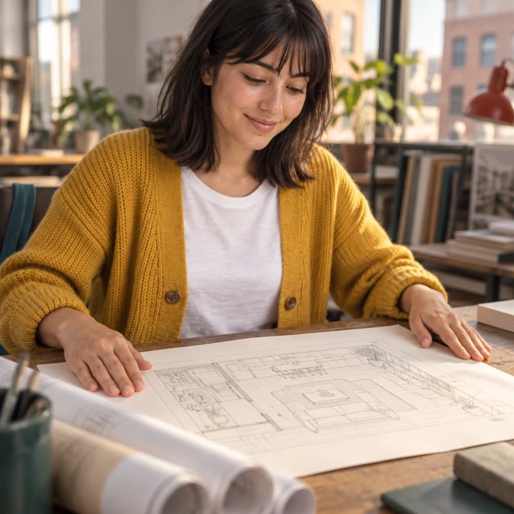 Ana smooths a completed room drawing flat on the long studio desk.