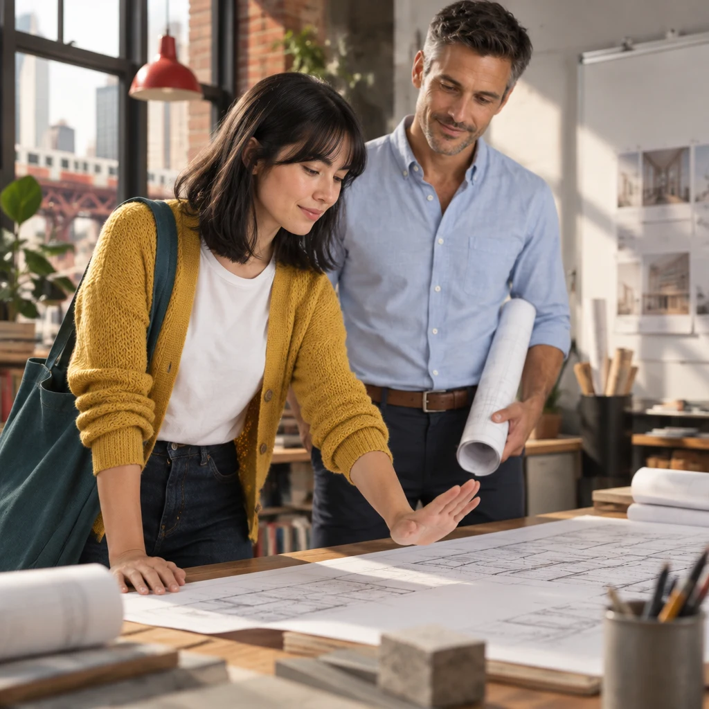 Ana makes a gentle halt gesture over the stalled section of the plans as Marcus listens.