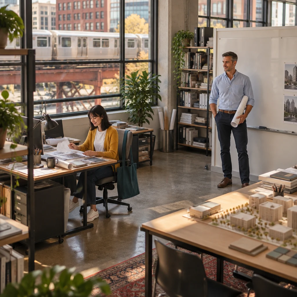 Ana sits at her drafting desk while Marcus stands beside the blank whiteboard in the downtown studio.