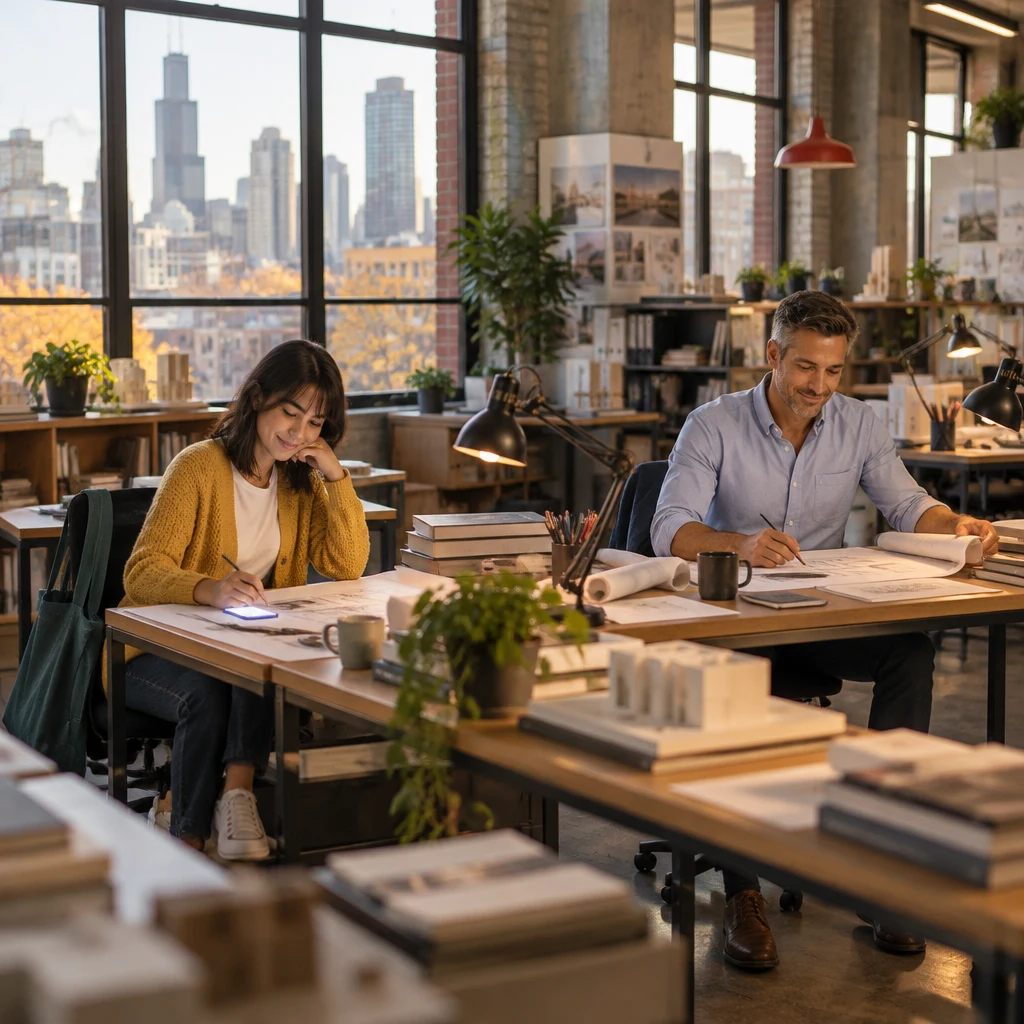 Ana notices her phone glowing at the long desk while Marcus works calmly nearby.