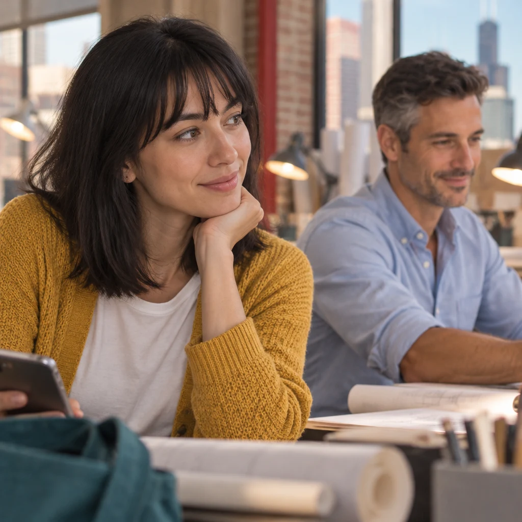 Ana looks from her glowing phone toward Marcus, realizing she may have misunderstood his note.