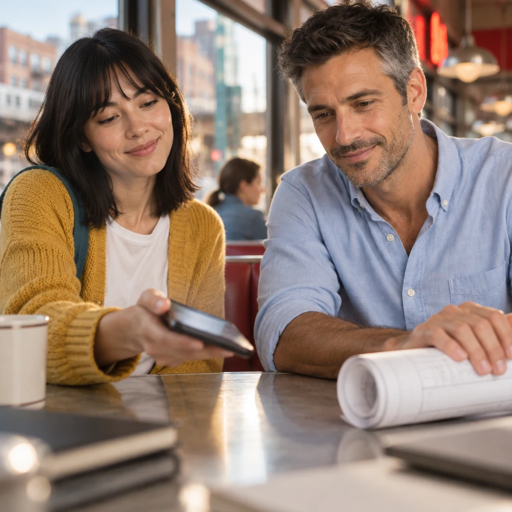 Ana holds her phone toward Marcus while checking that he means the upcoming Thursday.