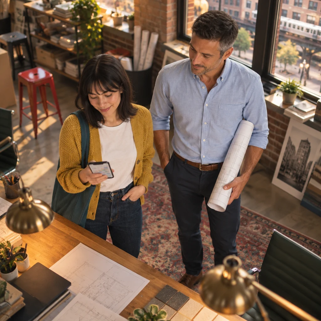 Ana checks her calendar while Marcus waits calmly beside the adjoining desk.