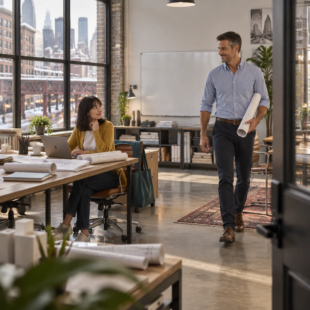 Ana works at the long desk as Marcus approaches with rolled drawings under one arm.