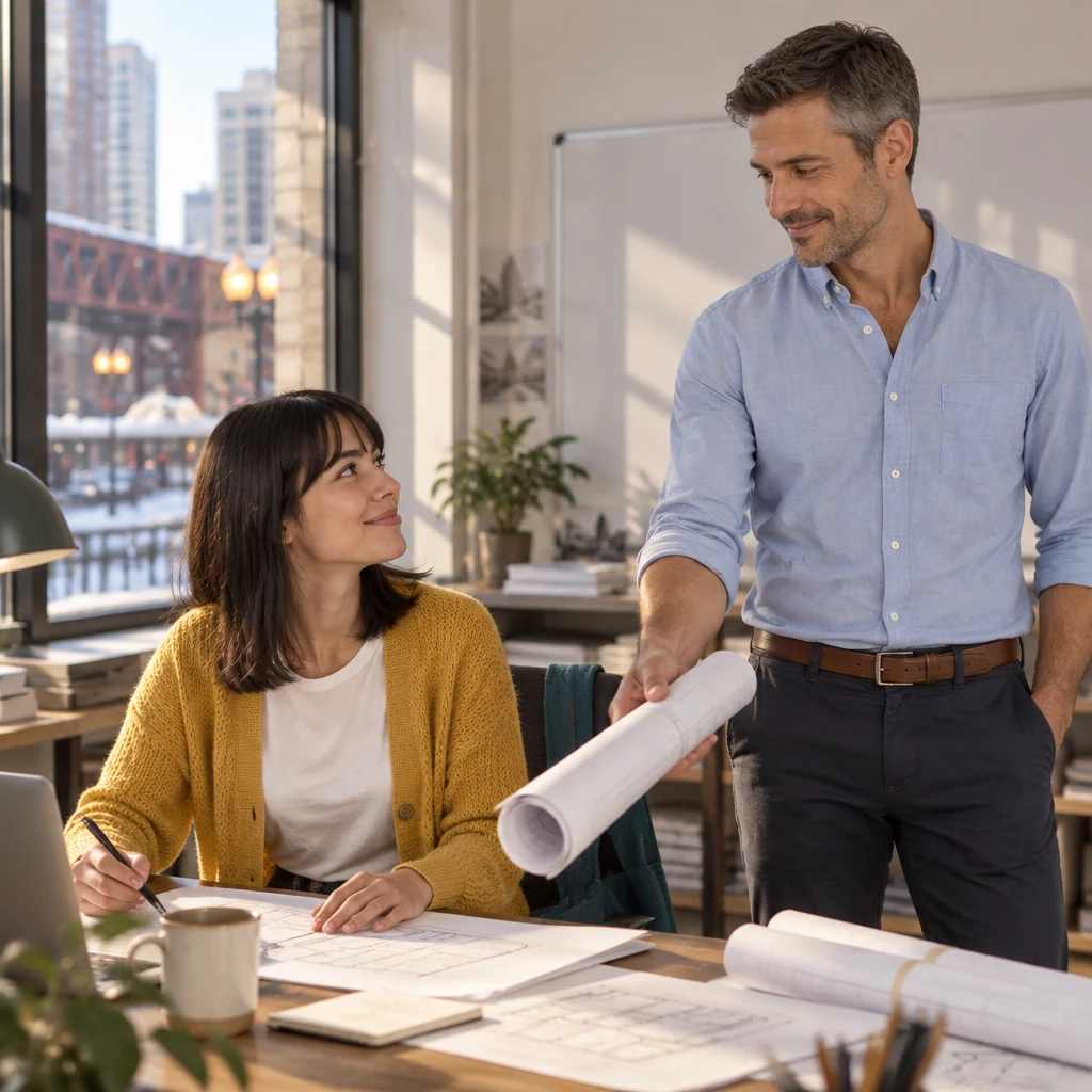 Ana looks up from her desk as Marcus holds out the new roll of drawings.