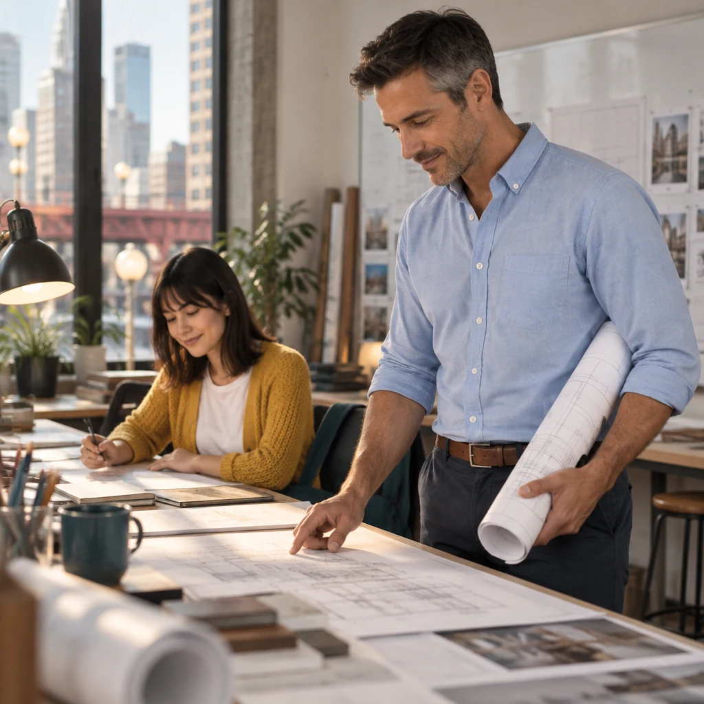 Marcus considers the work beside Ana’s desk while she remains among the plans.