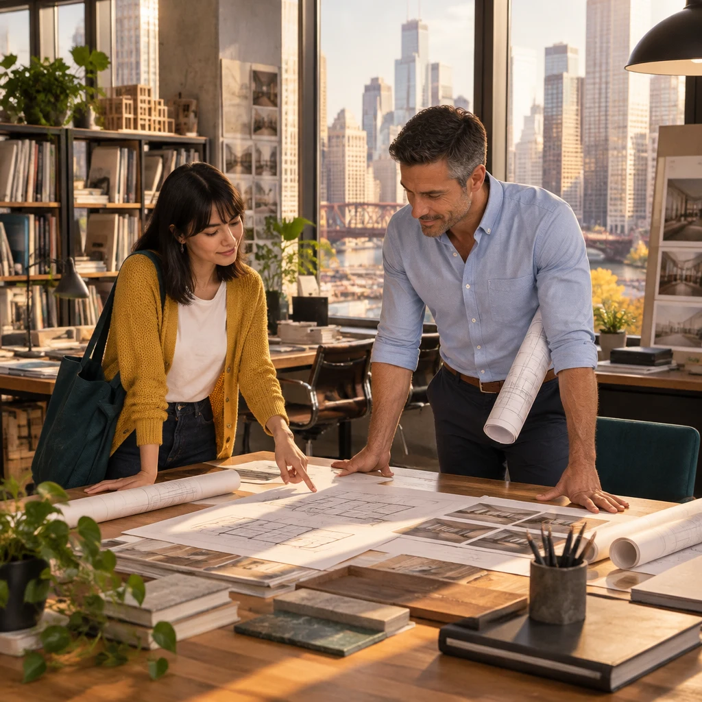Ana and Marcus study the open library drawings across the long studio desk.