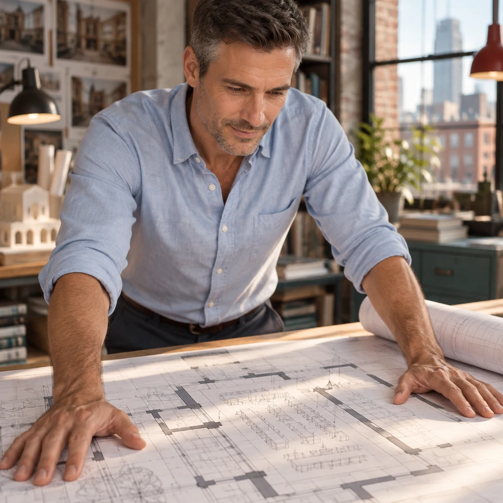 Marcus presses both palms to the library plan as he weighs its cost and value.