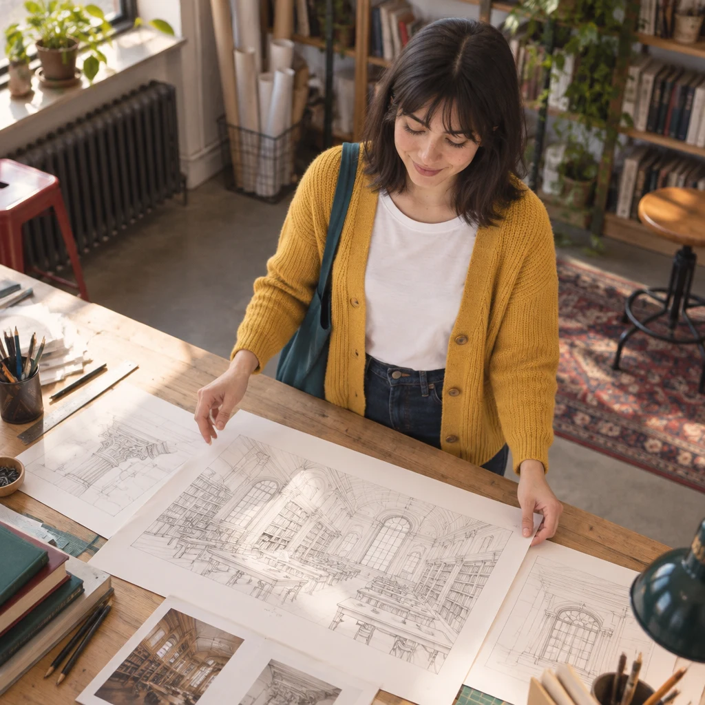 Ana carefully arranges the drawings, choosing to continue the work at a measured pace.
