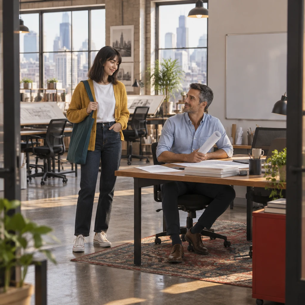 Ana stands beside Marcus's desk as he looks up from his work.