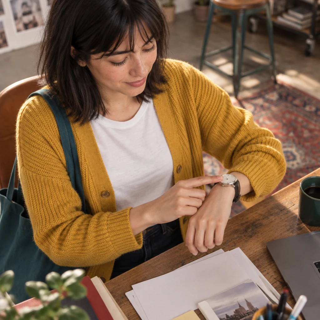 Ana gestures toward her plain wristwatch as she explains she has a morning commitment.