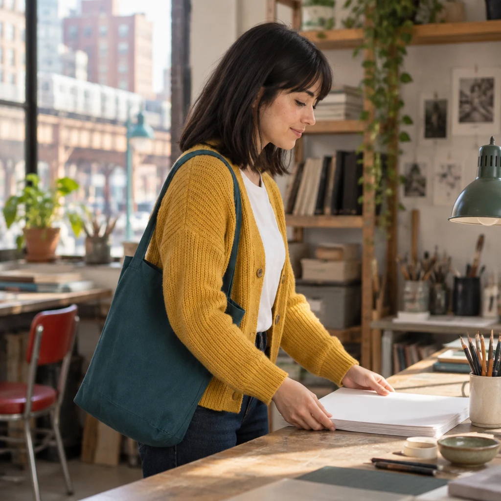 Ana arranges work papers into a neat stack as she plans to finish them first.
