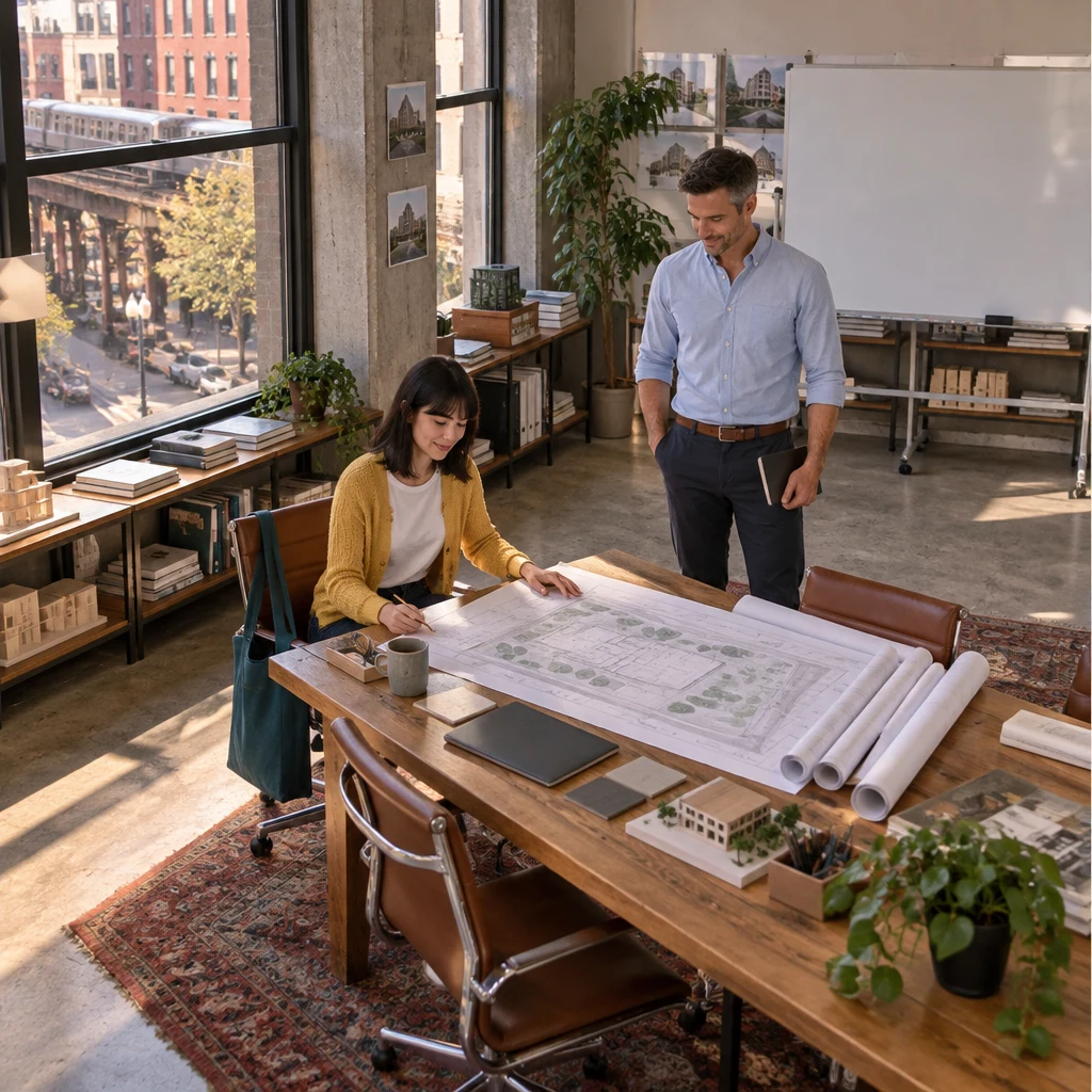 Ana and Marcus are at the long desk with the library drawings as the meeting is about to begin.