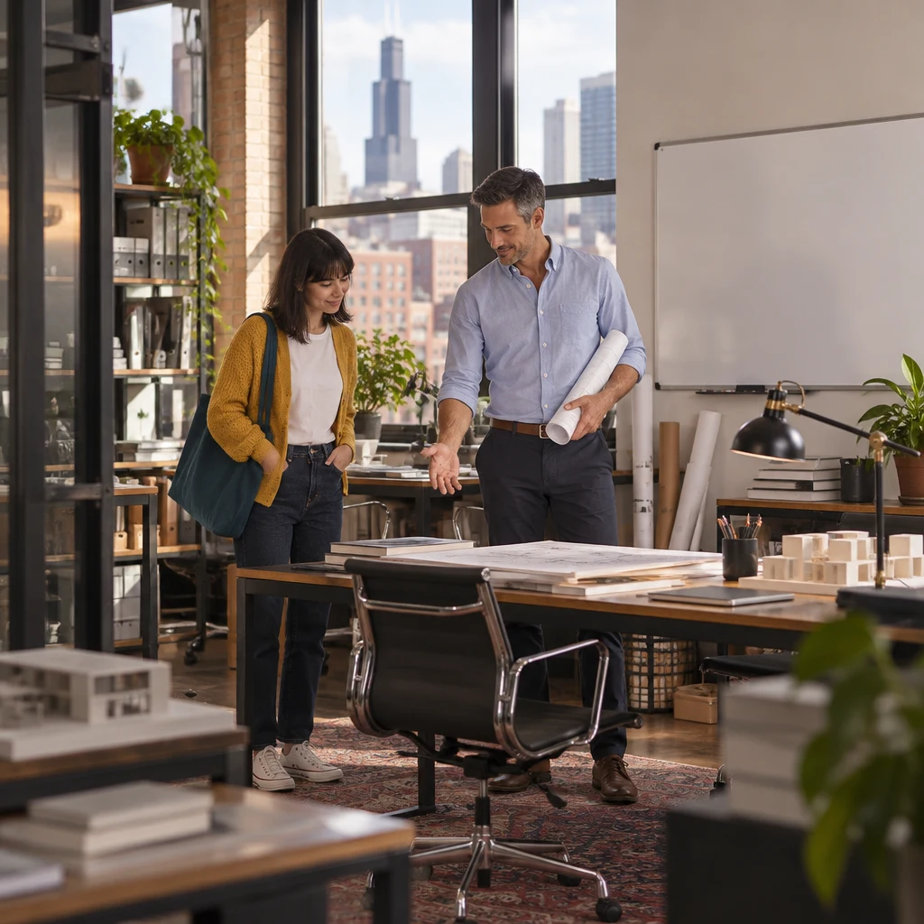 Ana stands by Marcus’s desk as he holds rolled library drawings and indicates the tight Friday deadline.