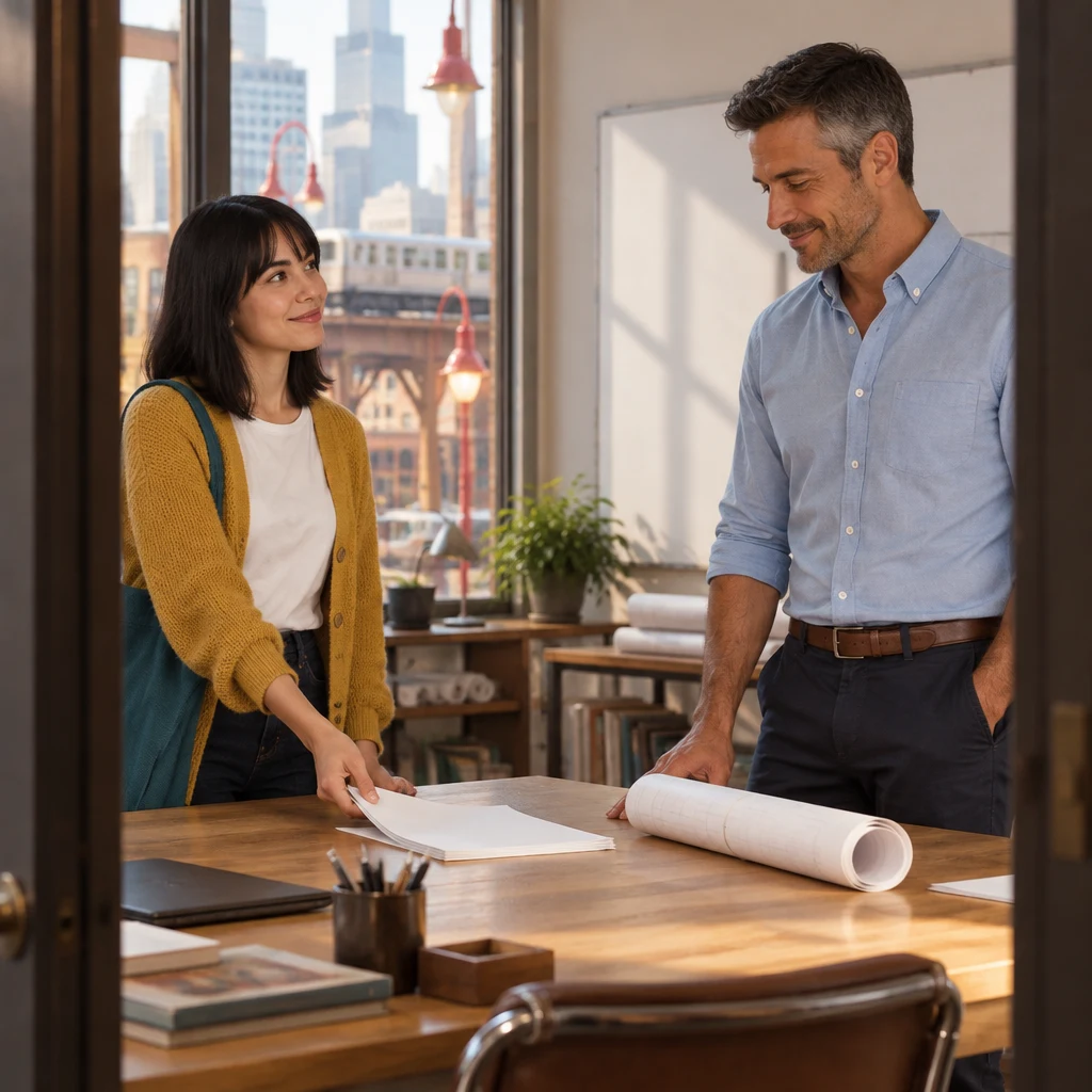 Marcus nods in agreement as Ana moves the early copy toward him, confirming their plan.
