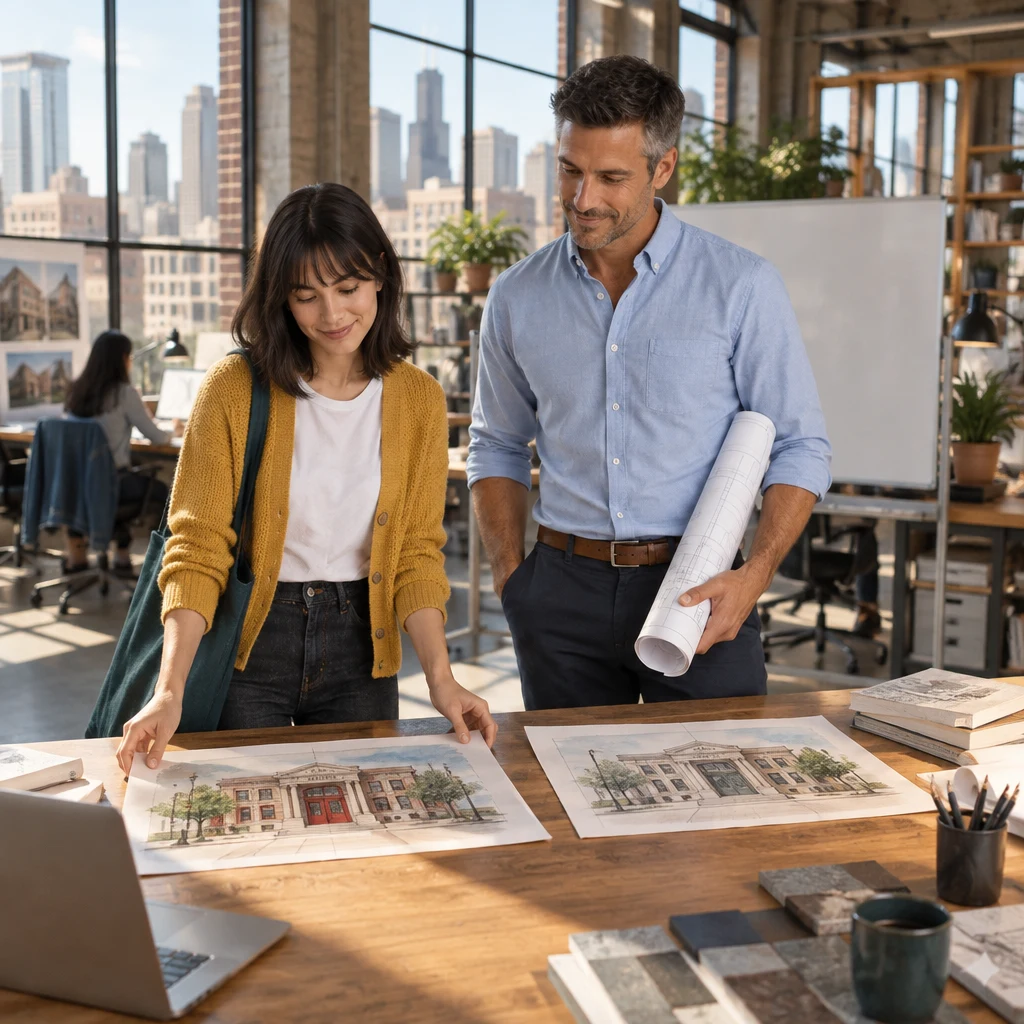 Ana lays two library-front sketches on the long desk while Marcus stands beside her with rolled drawings under one arm.