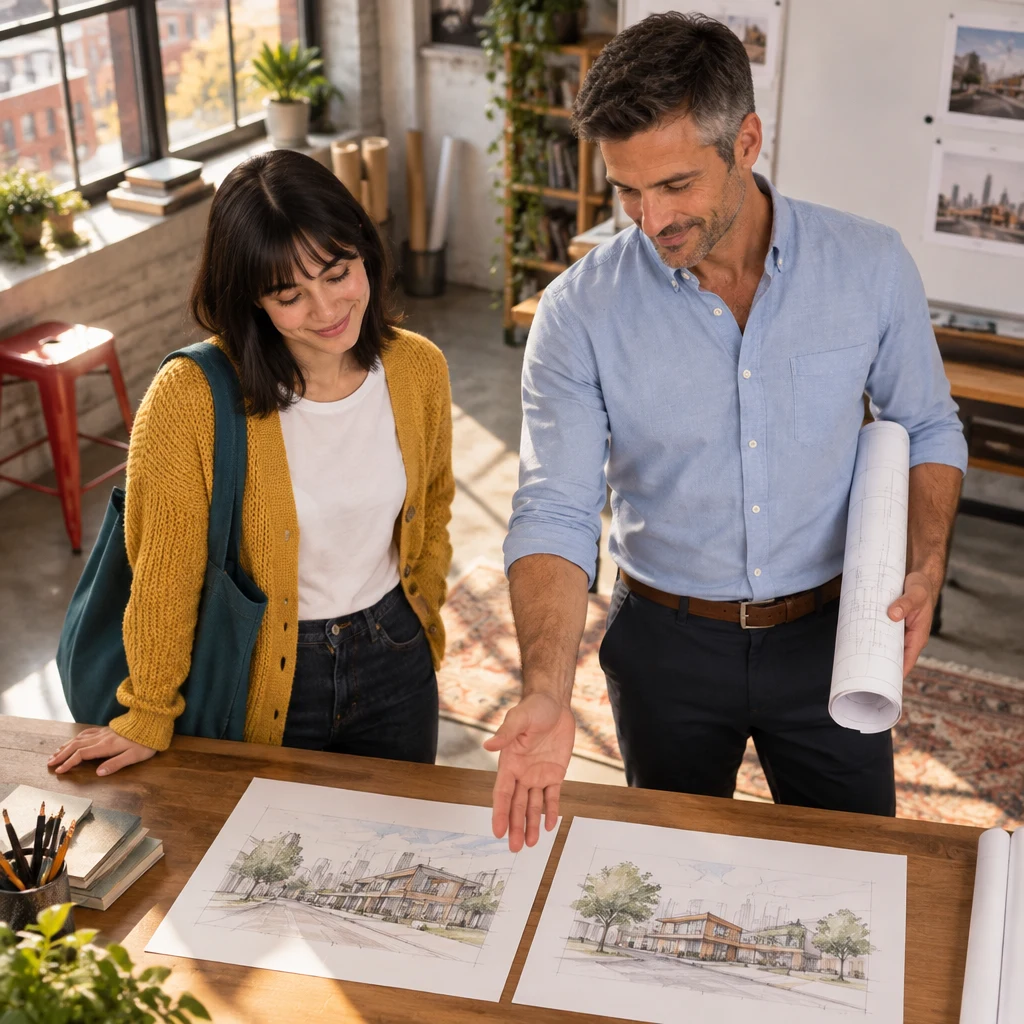 Marcus sweeps an open hand over both sketches in an approving motion as Ana stands across the desk.