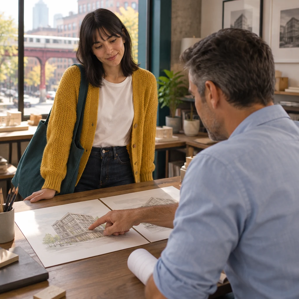From behind Marcus, his hand points to a small area on the brighter first sketch as Ana looks across the desk.