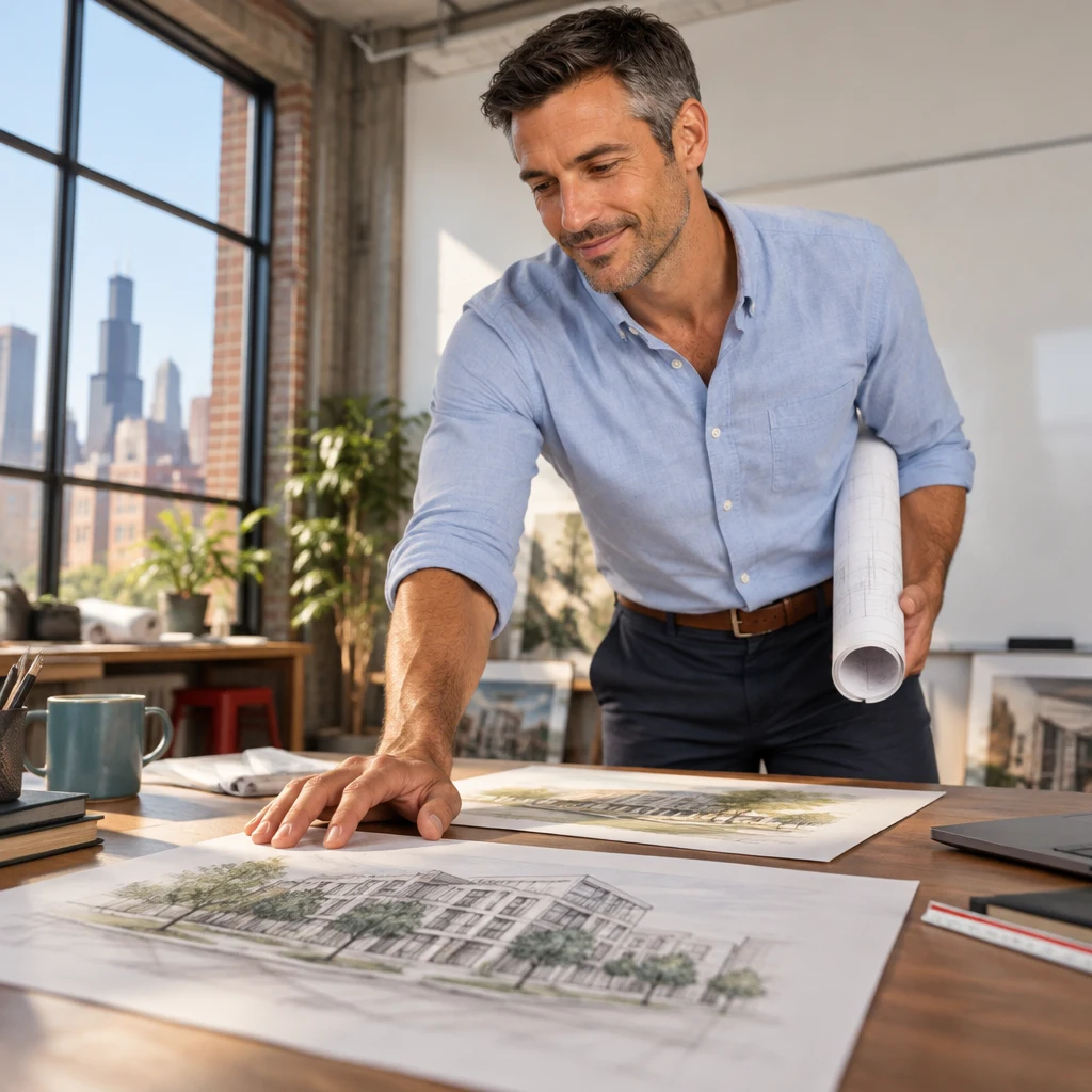 Marcus leans on the desk with a settled posture, his attention on the quieter second sketch.