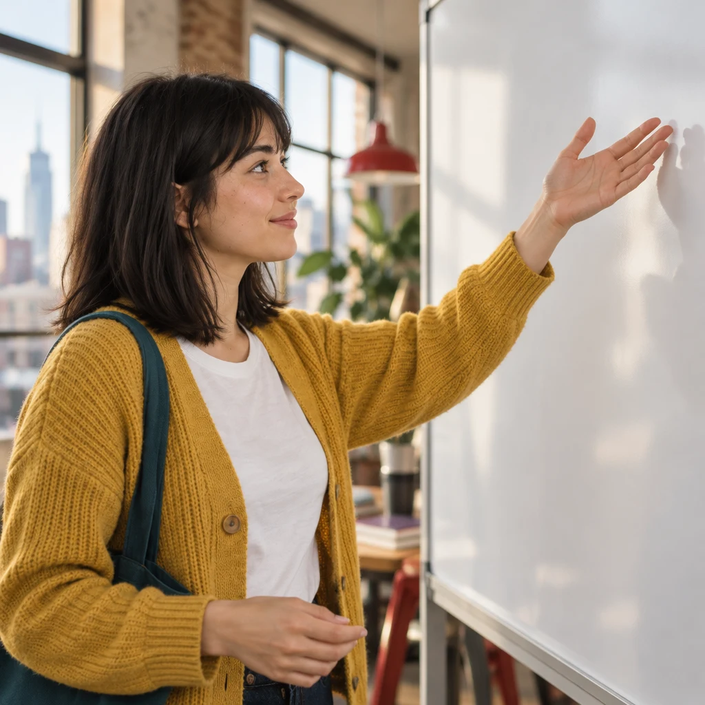 Ana raises one hand toward the empty whiteboard as she introduces the first point.
