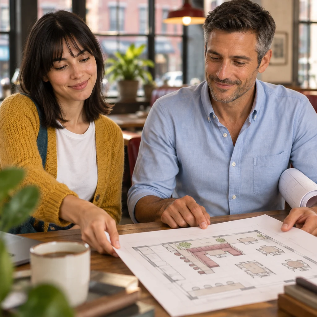 Ana encourages Marcus to consider the booth as she nudges the cafe sketch toward him.
