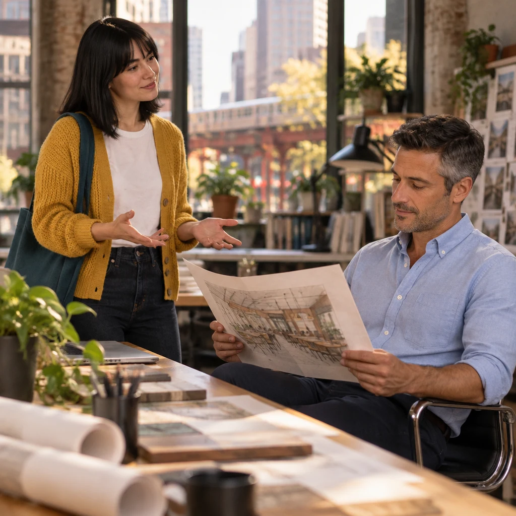 Ana asks Marcus for a clear choice while he is still considering the sketch.