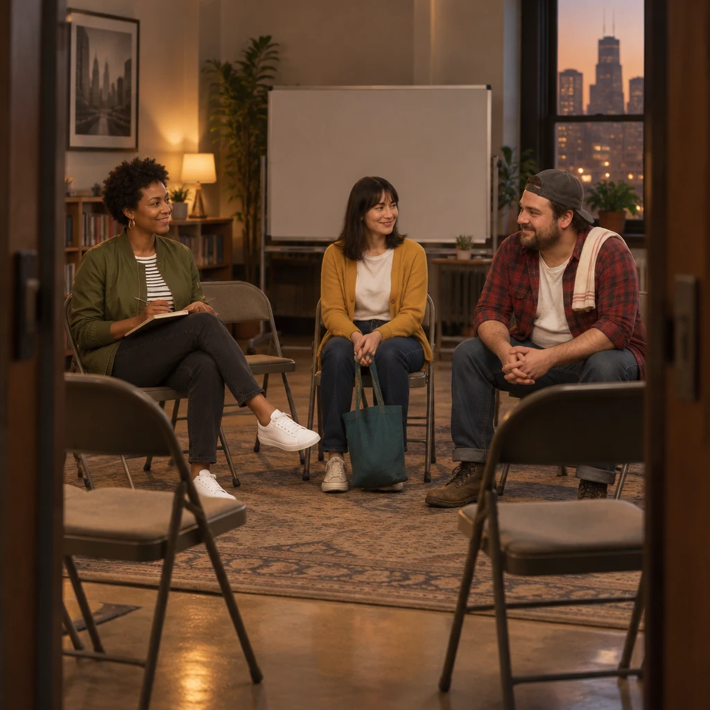 Tasha begins the neighborhood meeting as Ana and Danny settle into the circle.