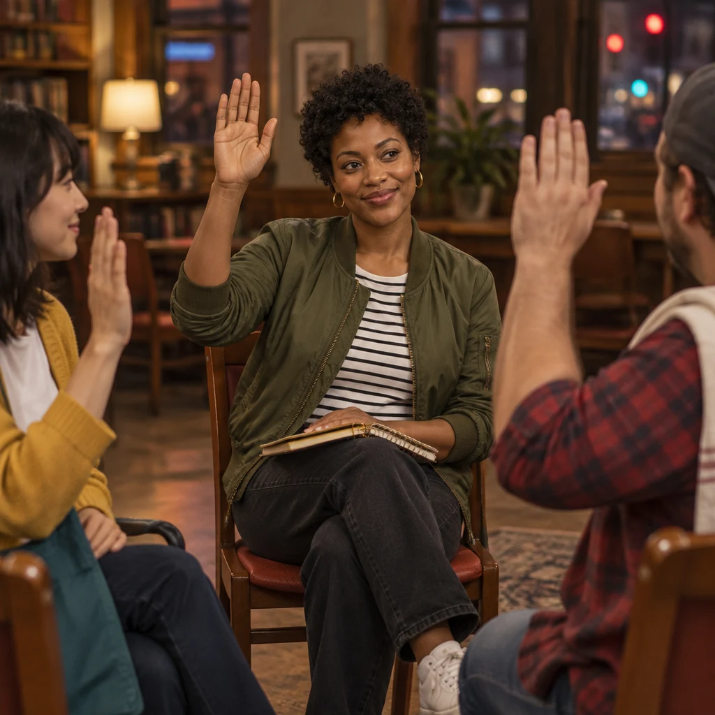 Tasha asks everyone to raise a hand to vote yes or no.