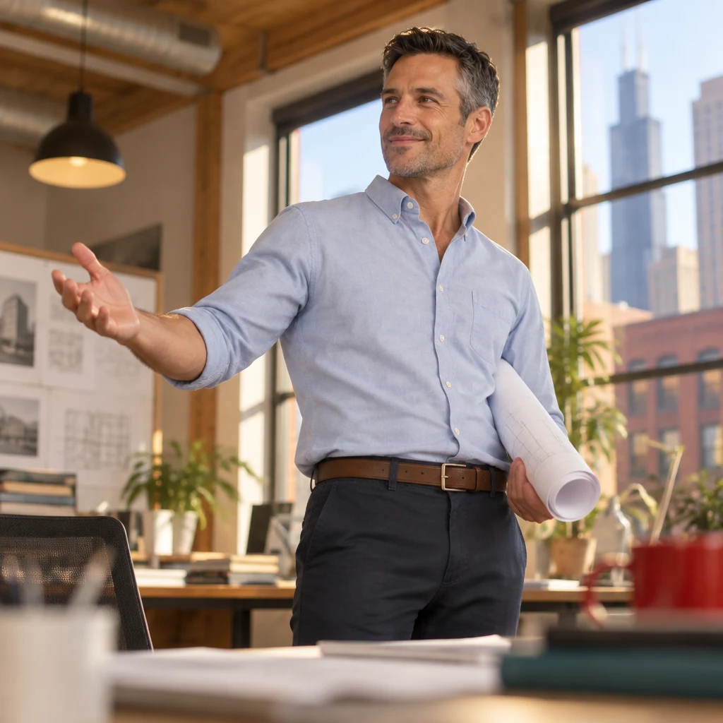 Marcus gestures openly while holding his rolled drawings in the studio.