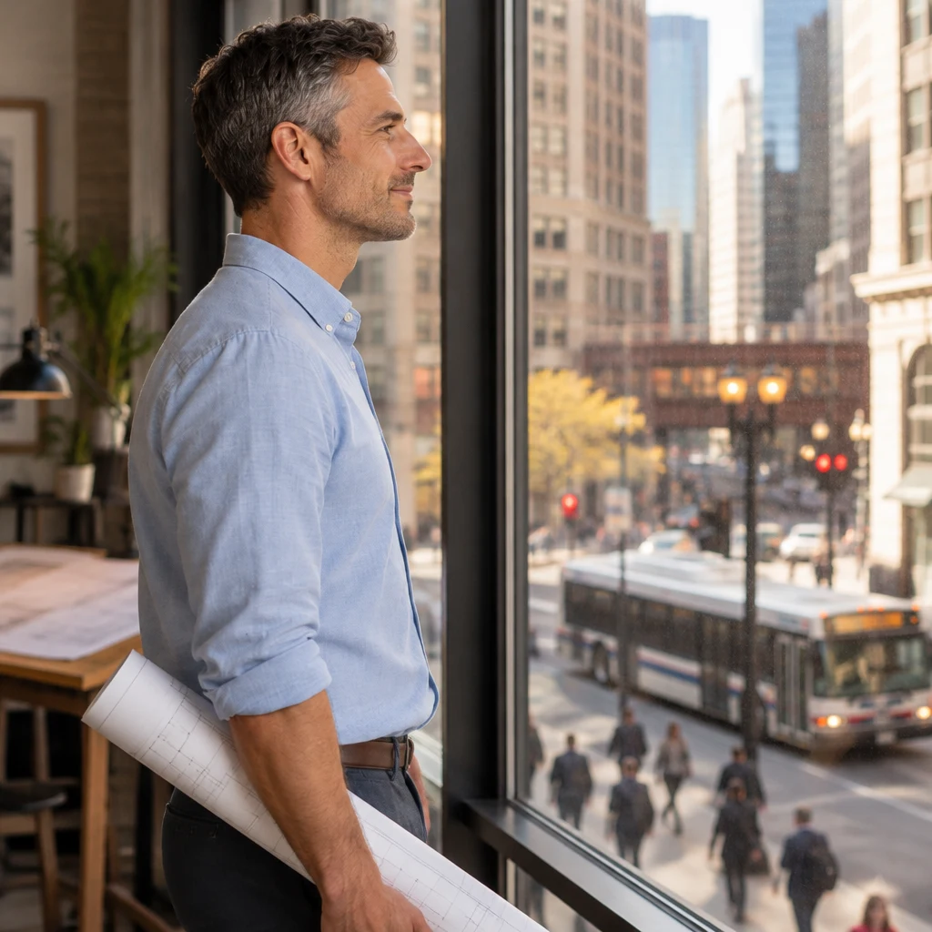Marcus looks out at the city while considering the people a transit change could affect.
