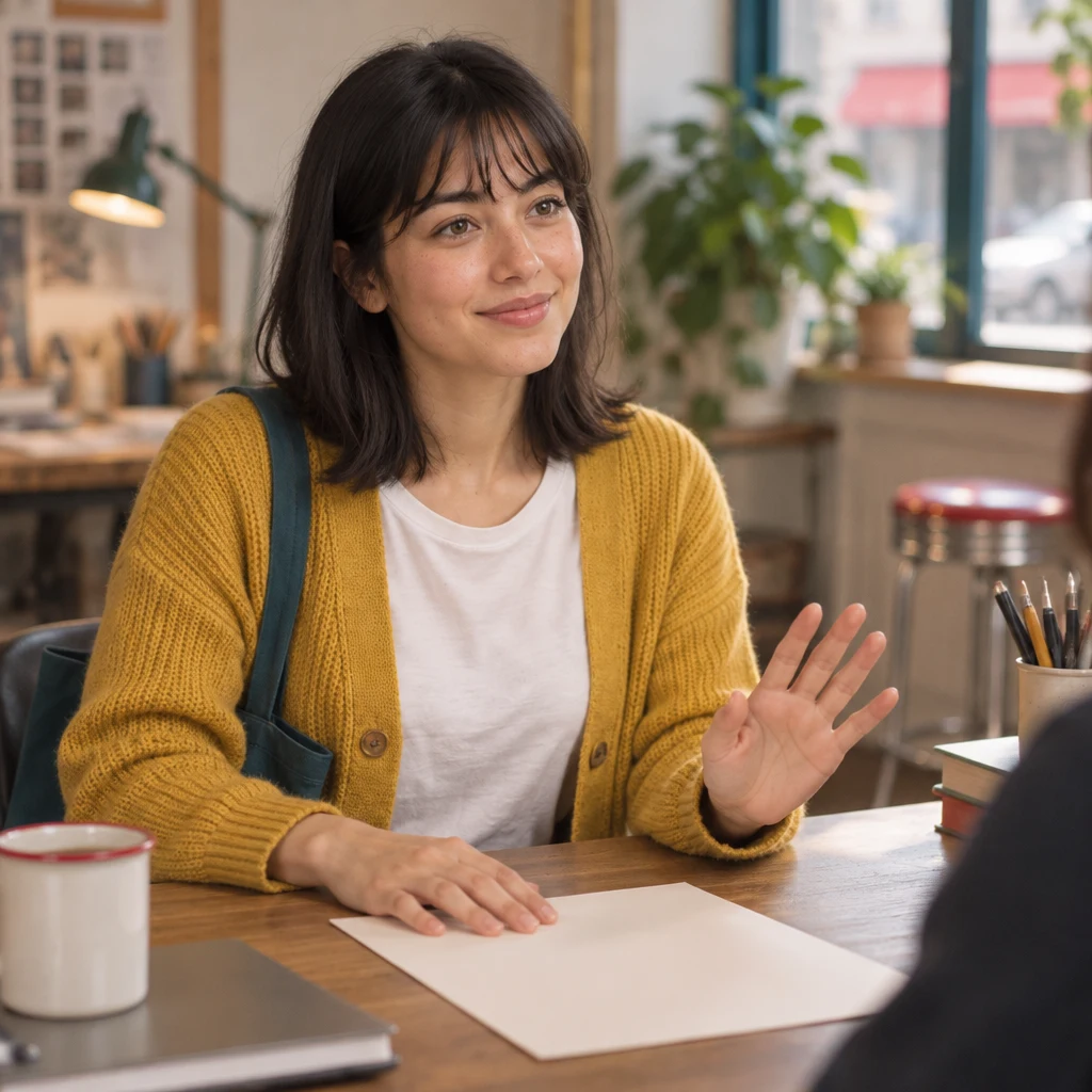 Ana rests one hand on the paper and lifts her other palm in a gentle pause.