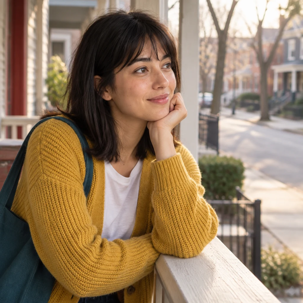 Ana looks out from the porch, taking in the quiet street.