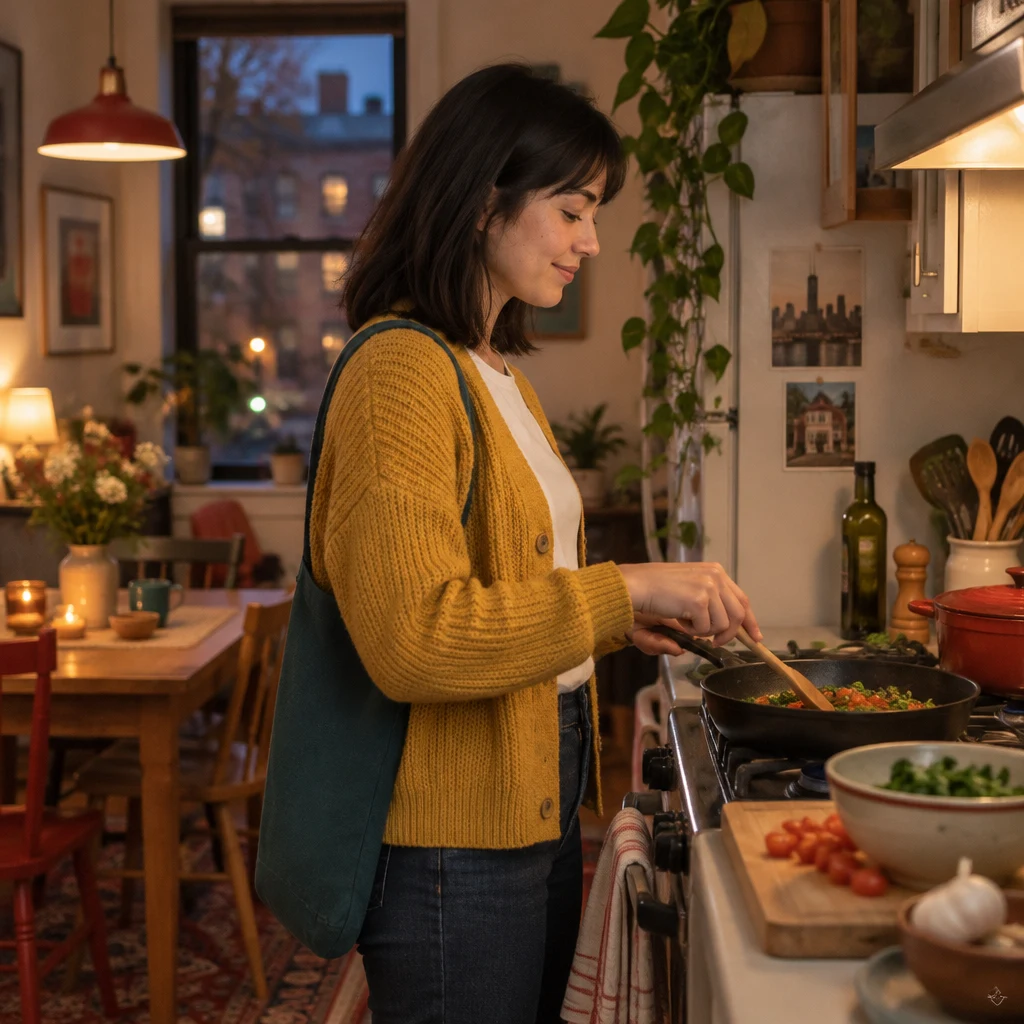 Ana prepares her evening meal at the stove in her kitchen.