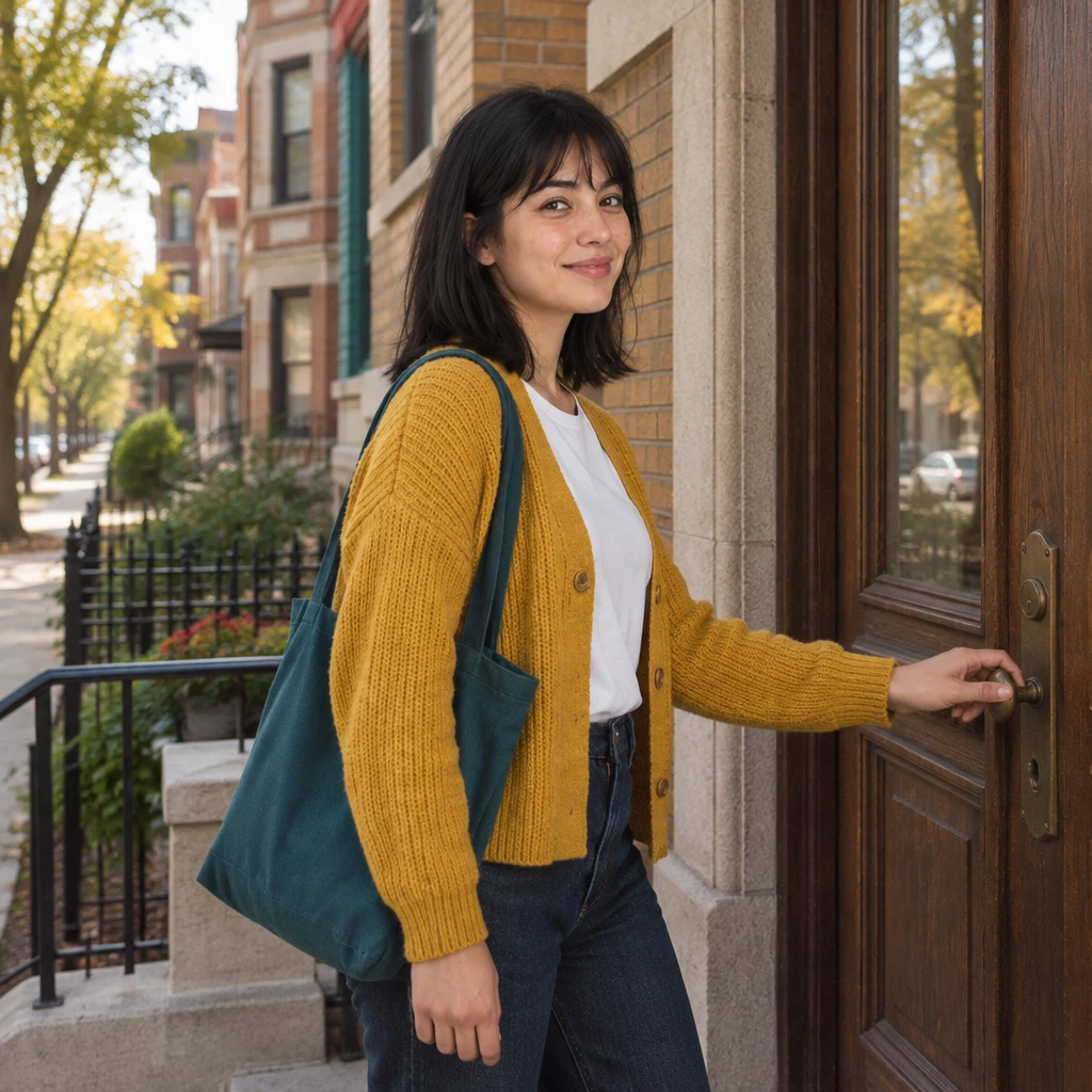 Ana arrives at her three-flat and reaches for the front door.