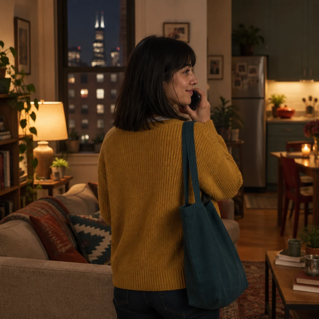 Ana phones her family from her apartment at night.